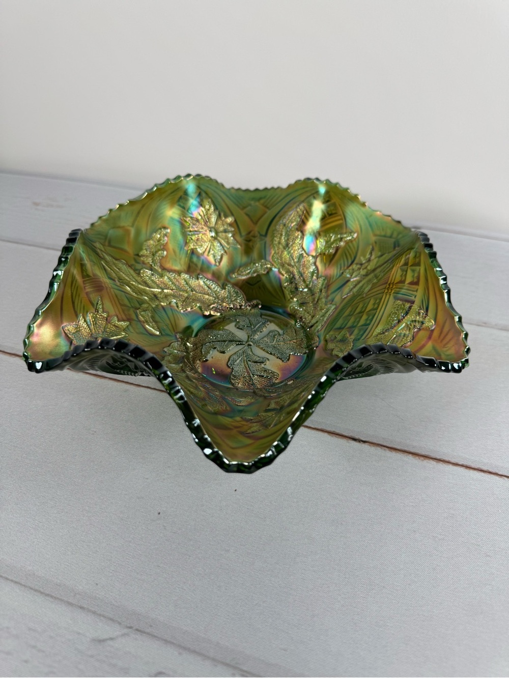 Antique Millersburg Whirling Leaves Green Carnival Glass Ruffled Bowl